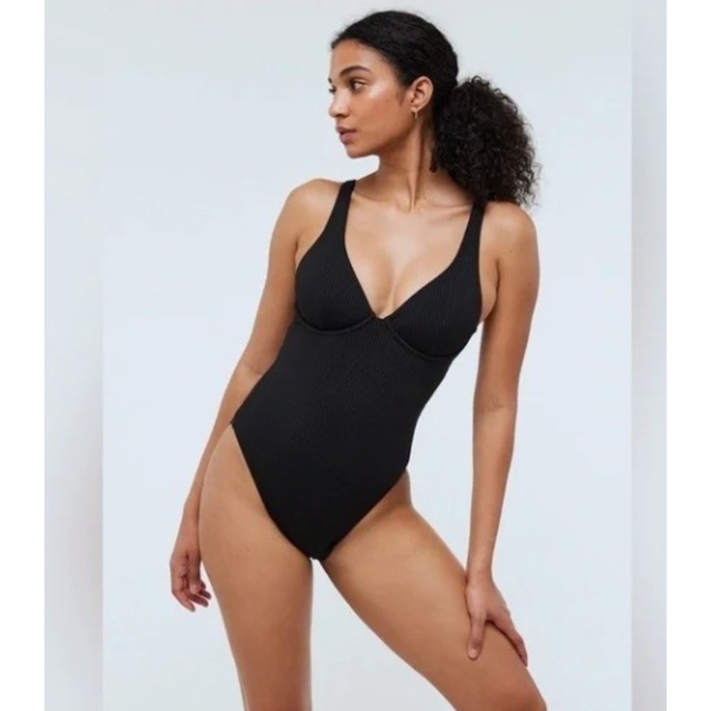 Madewell Ribbed Underwire Open-Back‎ One-Piece Swimsuit Black BK5229 XS NEW